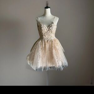 DANCING QUEEN Gold Beige Floral Glitter Tinker Bell Fairy Princess Tulle Dress